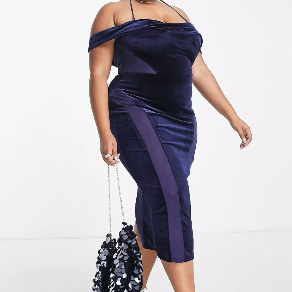 ASOS DESIGN Curve off shoulder mesh insert velvet midi dress in midnight blue